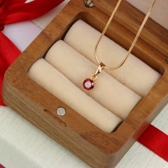 "Tiny Round Red Stone Rose Gold Pendant – Minimalist Design, XPPT1600 - Picture 9 of 13